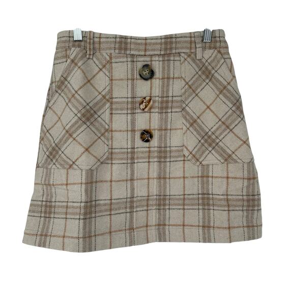 NEW J.O.A. Fall Tan Wool Blend Plaid A-Line Mini Skirt Sz Small - Picture 1 of 8